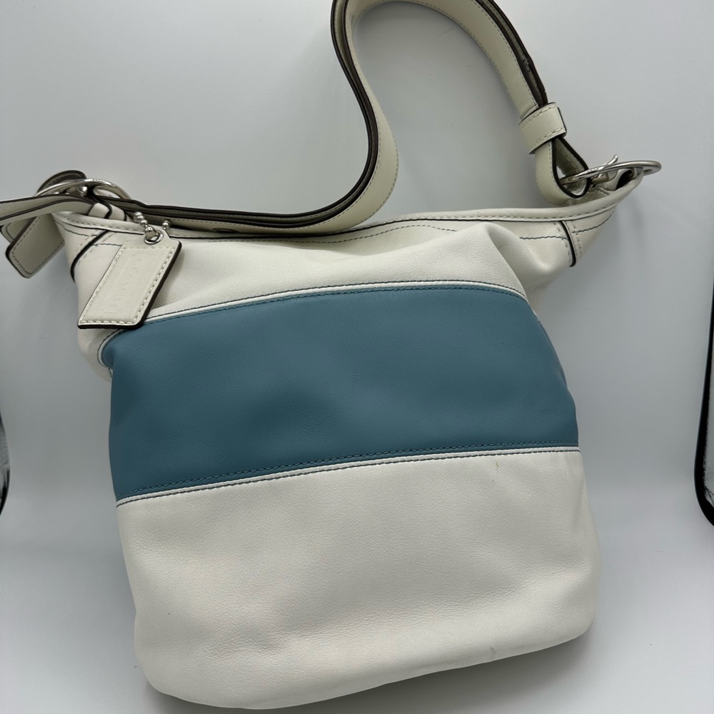 Coach Rugby Striped Bucket Bag in Blue & White